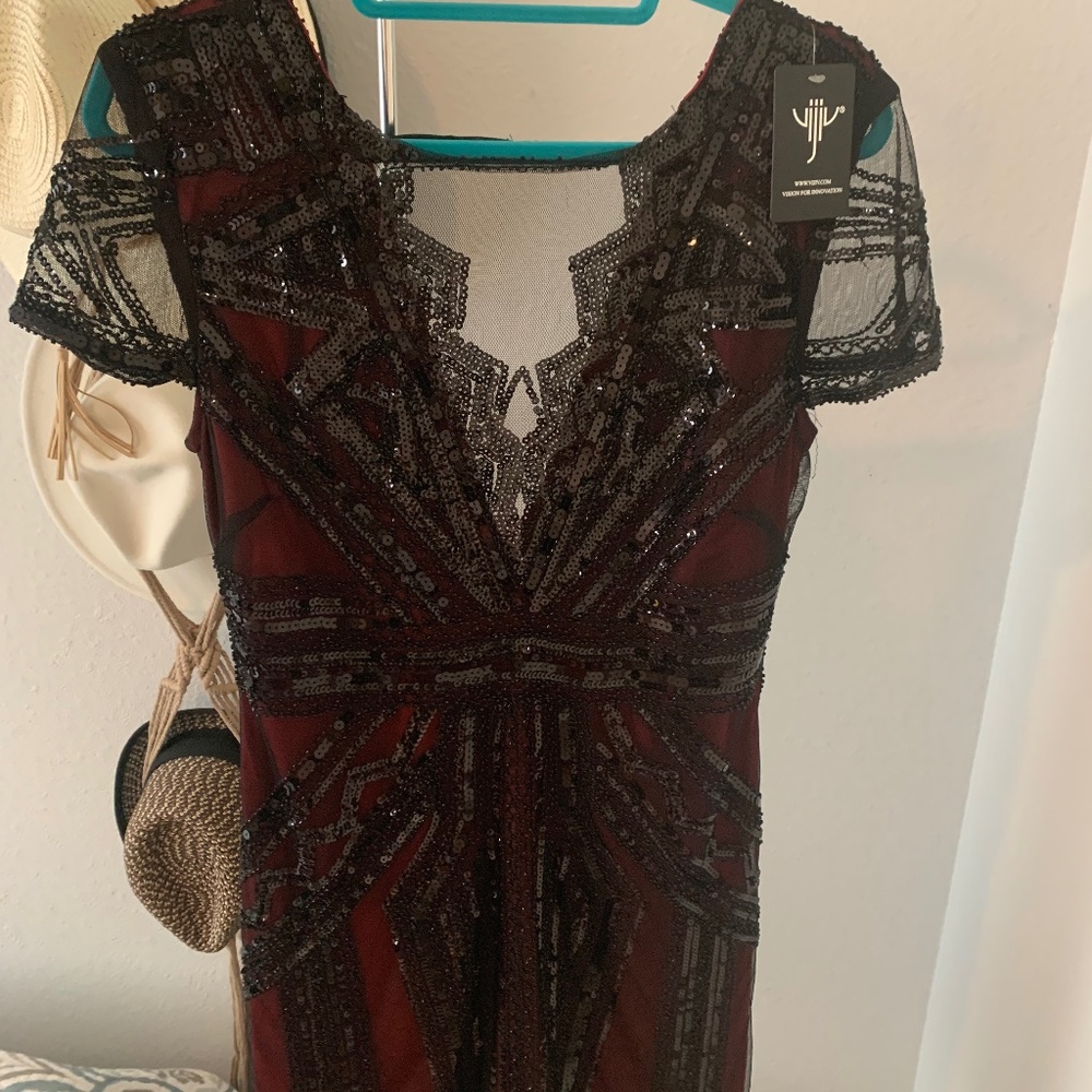 V neck wine red sequin cocktail dress